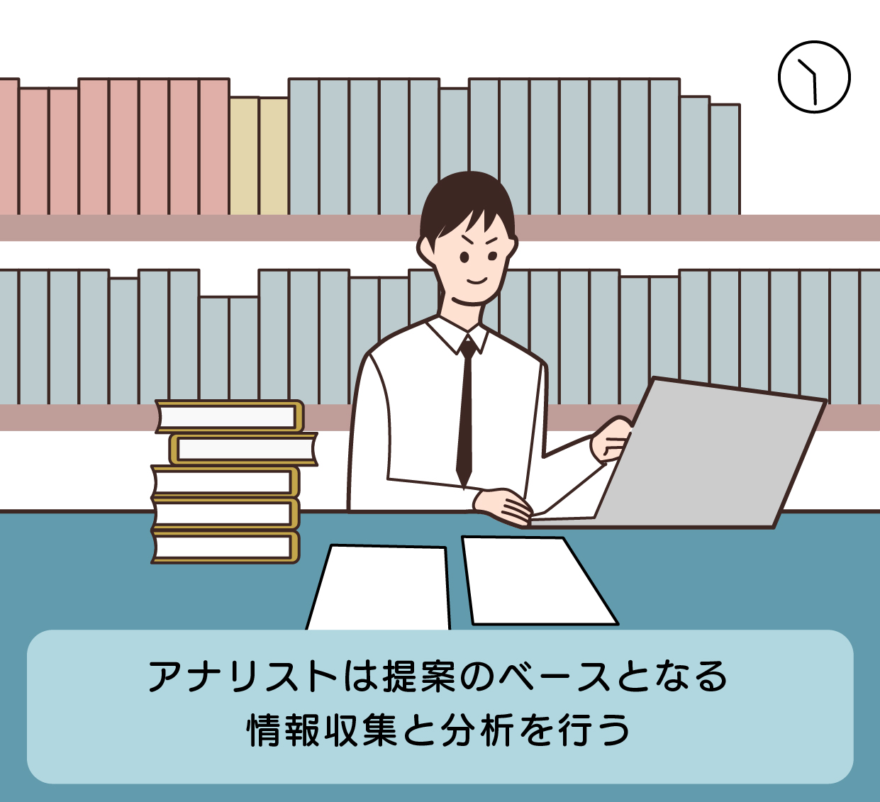 「アナリストは提案のベースとなる情報収集と分析を行う」のイラスト