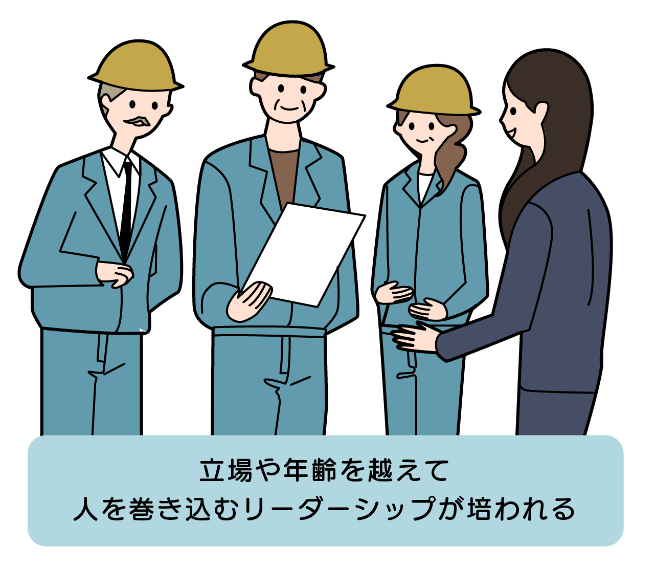 「立場や年齢を越えて人を巻き込むリーダーシップが培われる」のイラスト